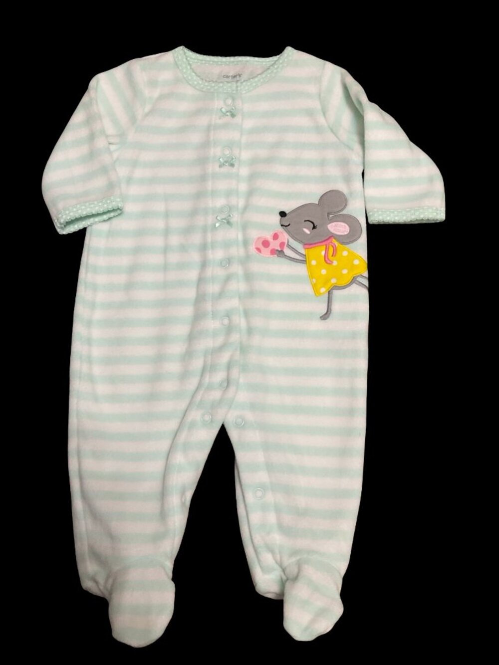 👣 5/$25 - Mint/White Striped Fleece Sleeper w/ Mouse Applique